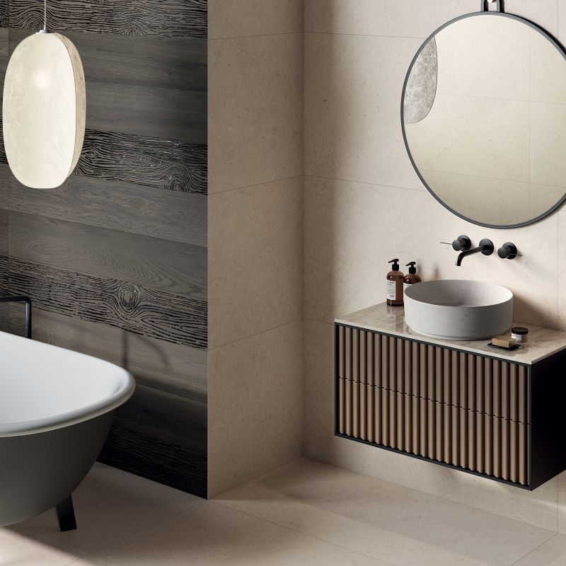Feinsteinzeugfliese in Steinoptik, elfenbein/beige, 120x120 cm - CS25077