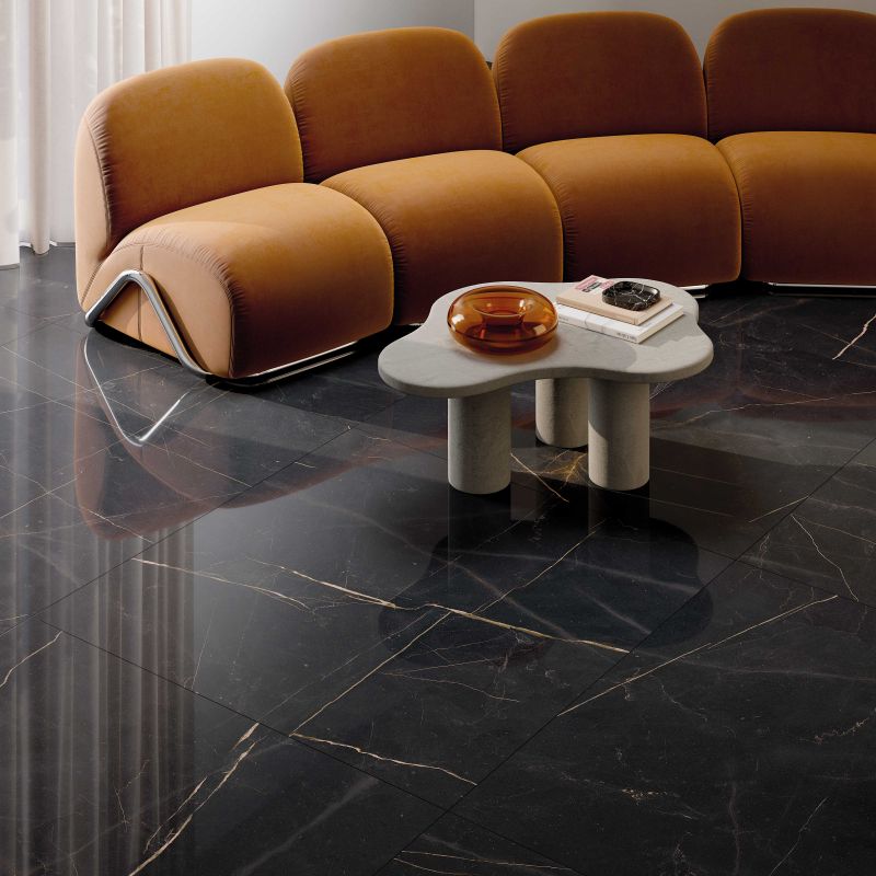 Premium Feinsteinzeugfliese in Marmoroptik, schwarz, poliert, 120x120 cm - CS25096