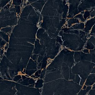 Feinsteinzeugfliese in Marmoroptik, schwarz, mit warmer Äderung, poliert, 60x120 cm - CS25048