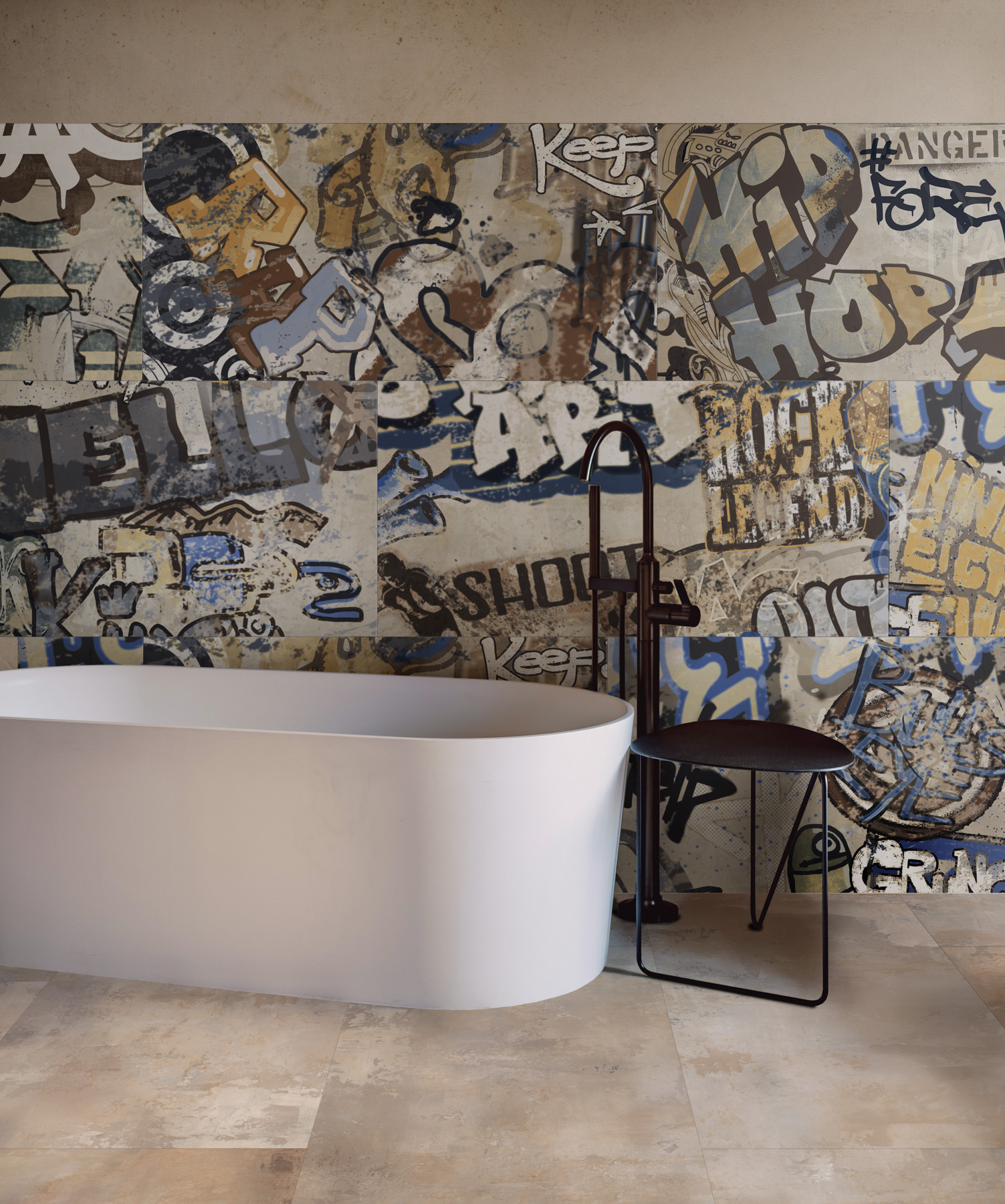 Verkleidung aus Feinsteinzeug, dekoriert mit Graffiti Beige Rt 60x120 - EGBE1708