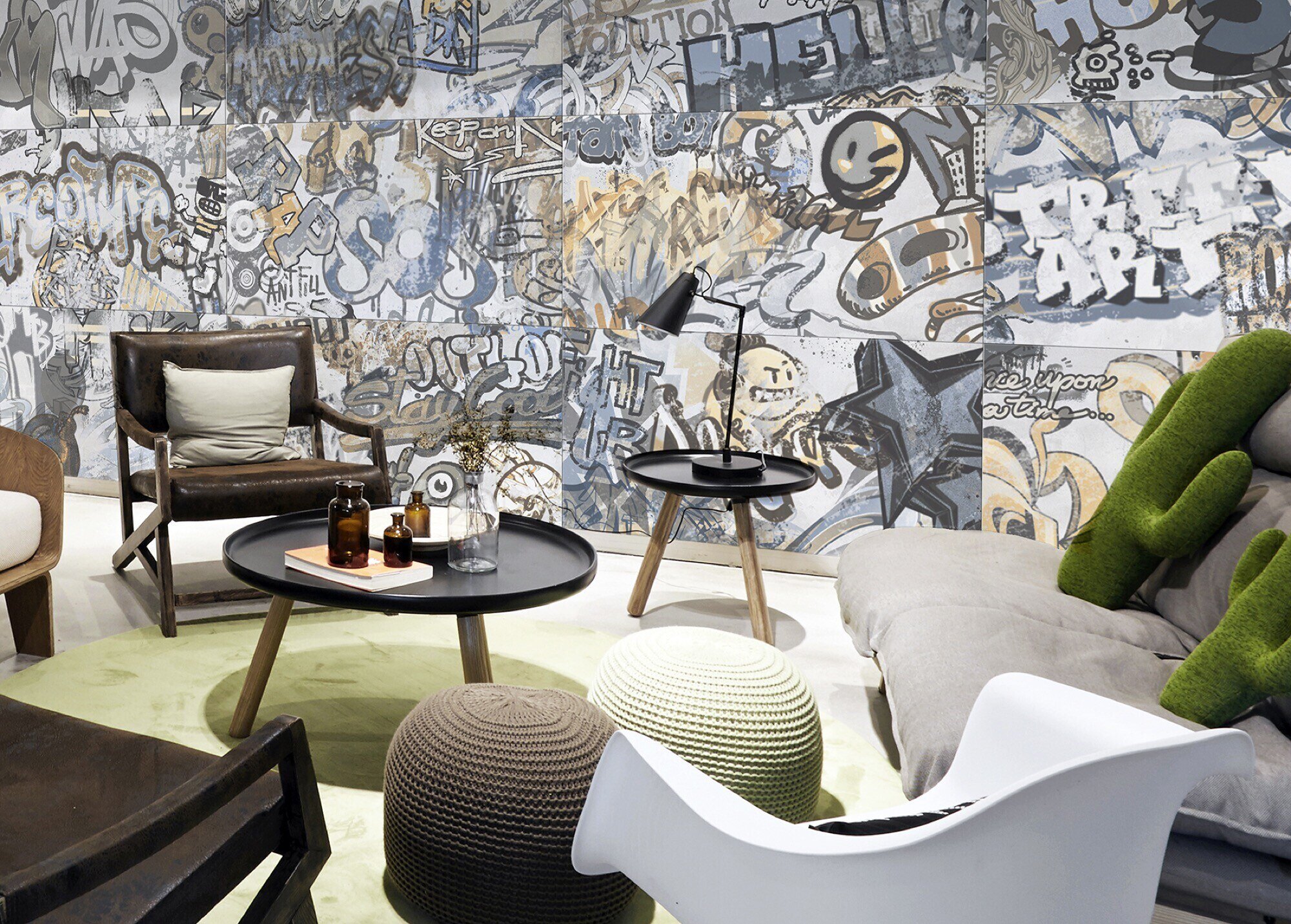 Weiße Graffiti-verzierte Feinsteinzeugverkleidung Rt 60x120 - EGWE1706