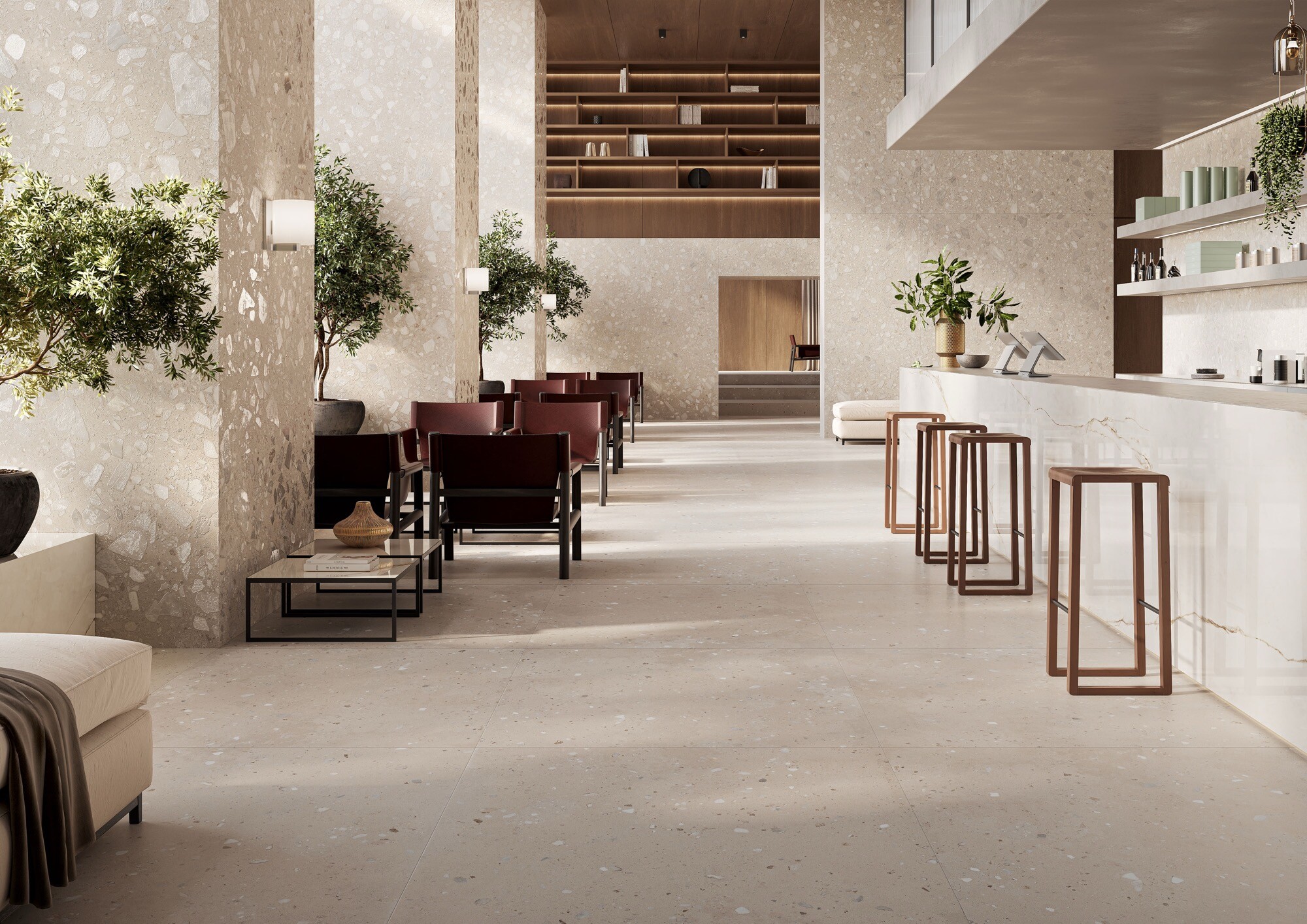 Feinsteinzeug Fliese Steinoptik Terrazzo Elfenbein 120x120 - EI6066