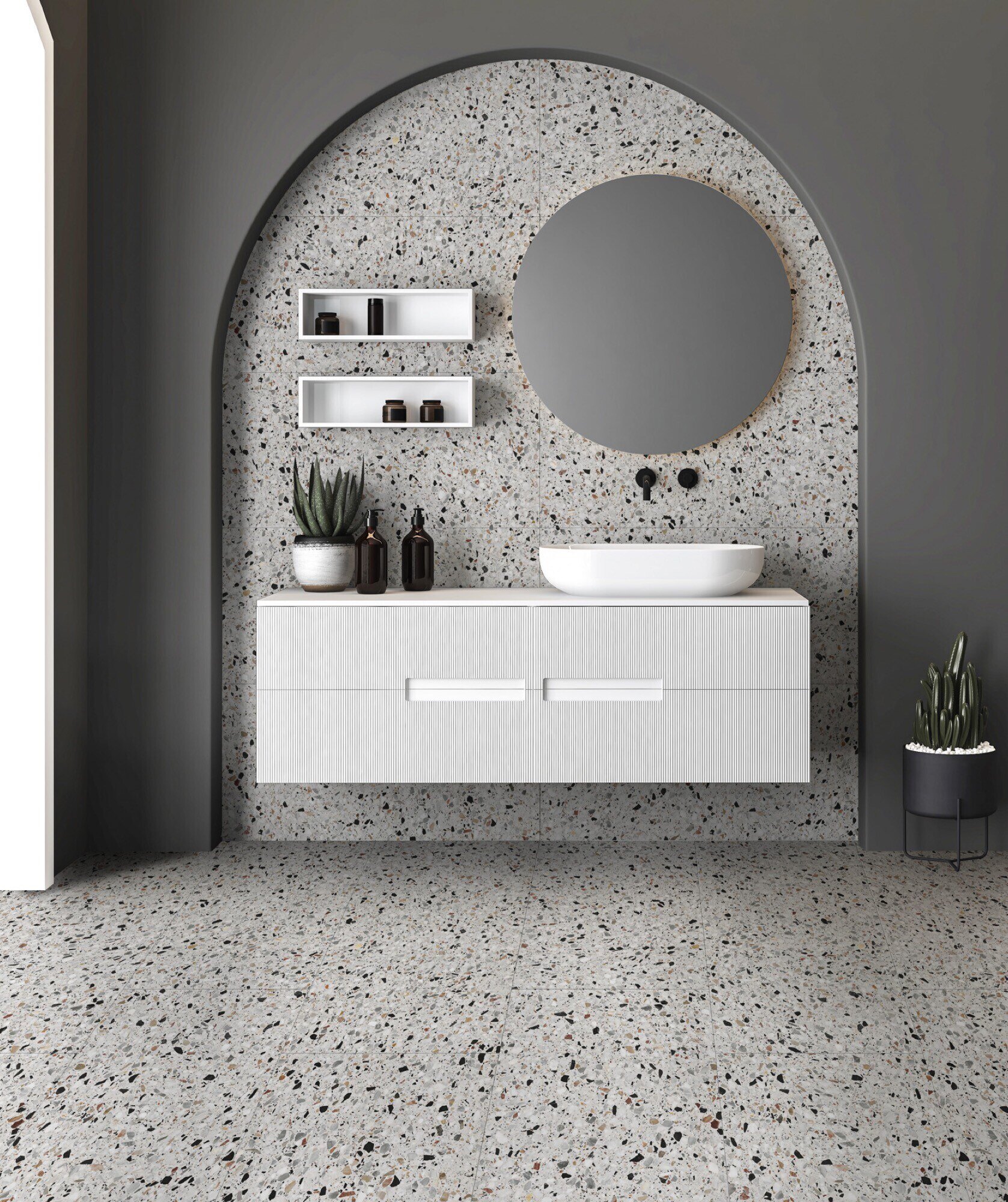 Feinsteinzeug Fliese Steinoptik Terrazzo Weiß 60x60 - EMYW1131