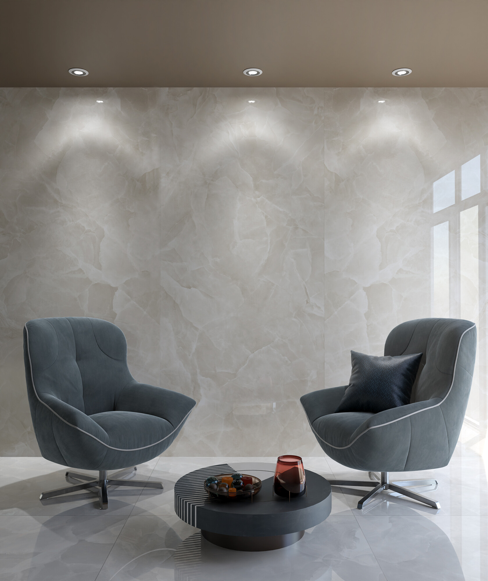 Feinsteinzeug Fliese Marmoroptik Onyx Beige Beige Poliert 120x120 - EOXI855