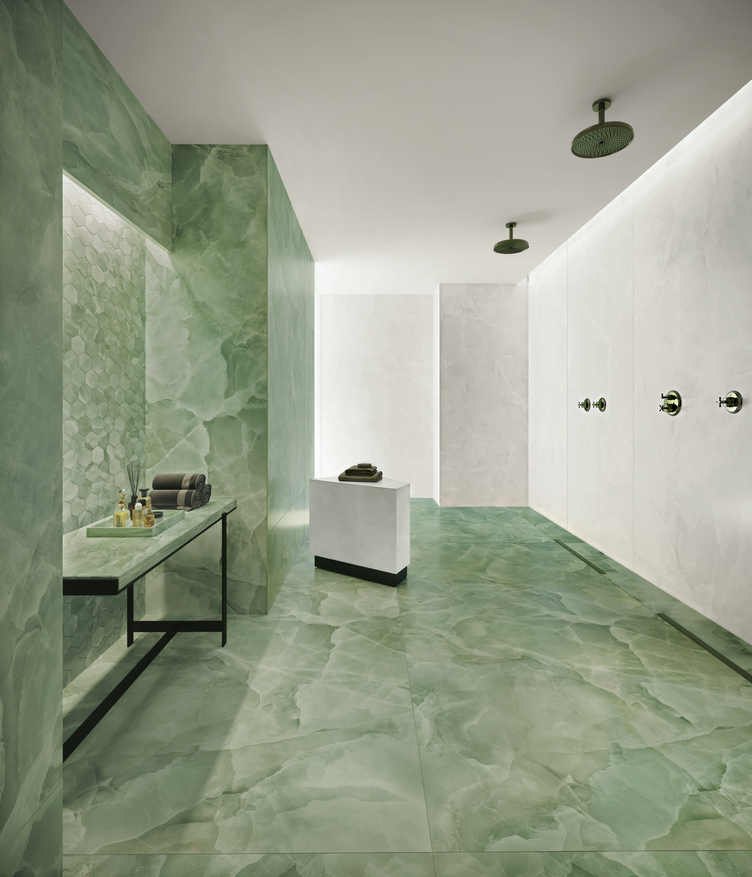 Feinsteinzeug Fliese Marmoroptik Onyx Grün Grün Poliert 120x120 - EOXJ857