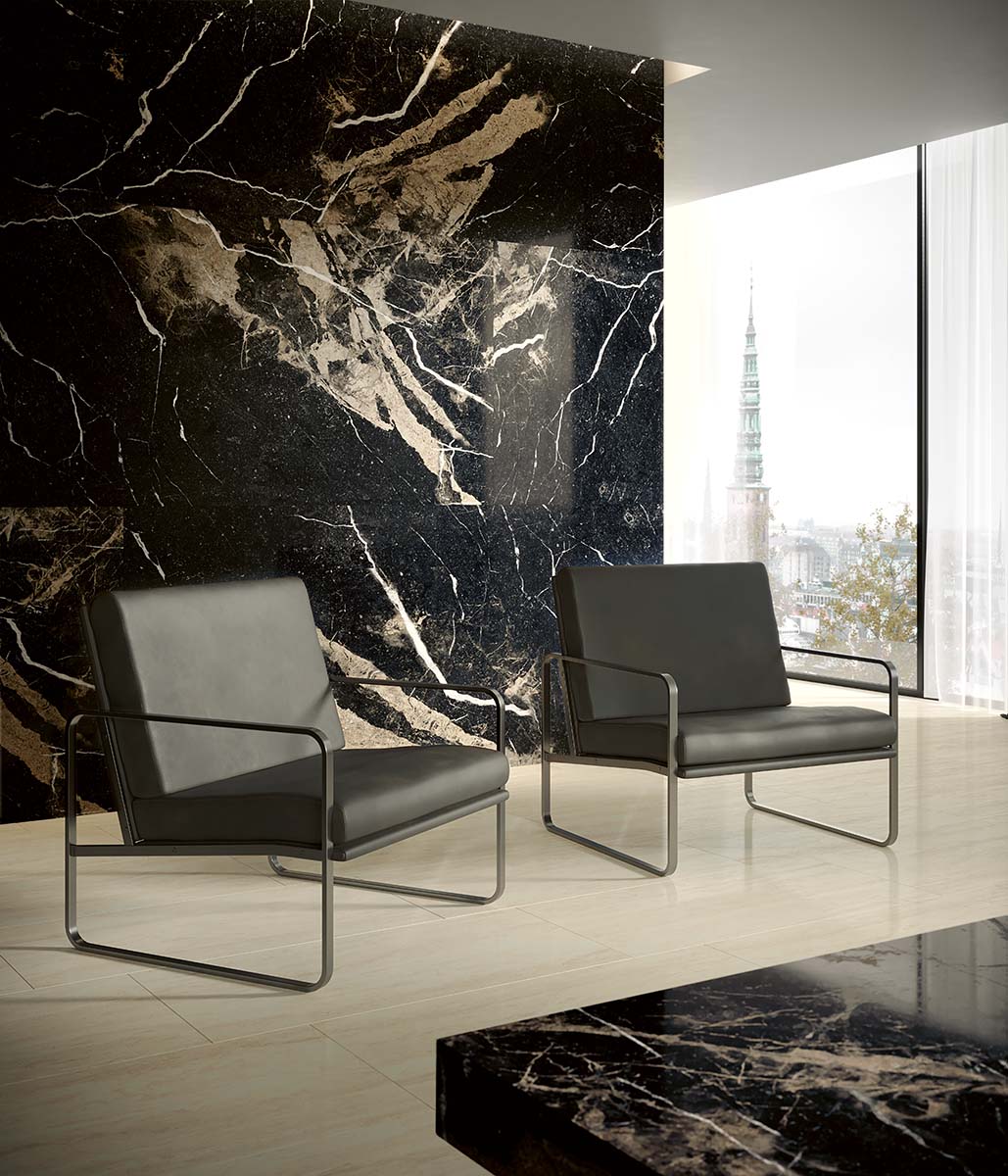 Feinsteinzeug Fliese Marmoroptik Schwarz Glänzend 120x120 - EPIB909